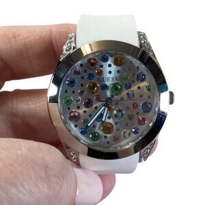 0016 Guess Wanderlust Silver Tone & Pastel Crystals w/White Silicone Strap READ
